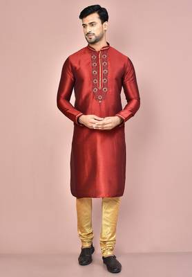 maroon mulberry silk kurta with gold churidar set 1