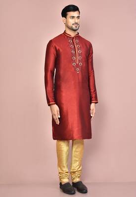 maroon mulberry silk kurta with gold churidar set 2