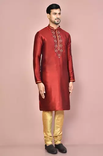 maroon mulberry silk kurta with gold churidar set
