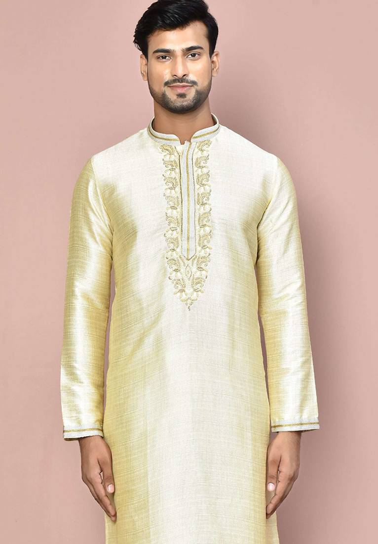 Cream mulbury  kurta with pattern work&hand work churidar
