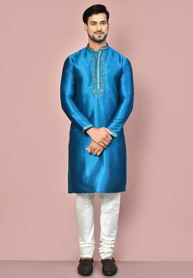 teal green mulberry silk kurta with white churidar set 1