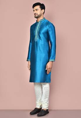 teal green mulberry silk kurta with white churidar set 2