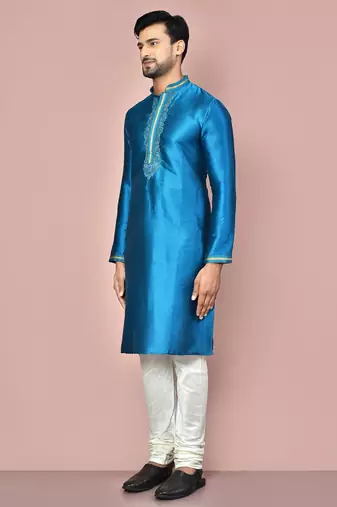 teal green mulberry silk kurta with white churidar set