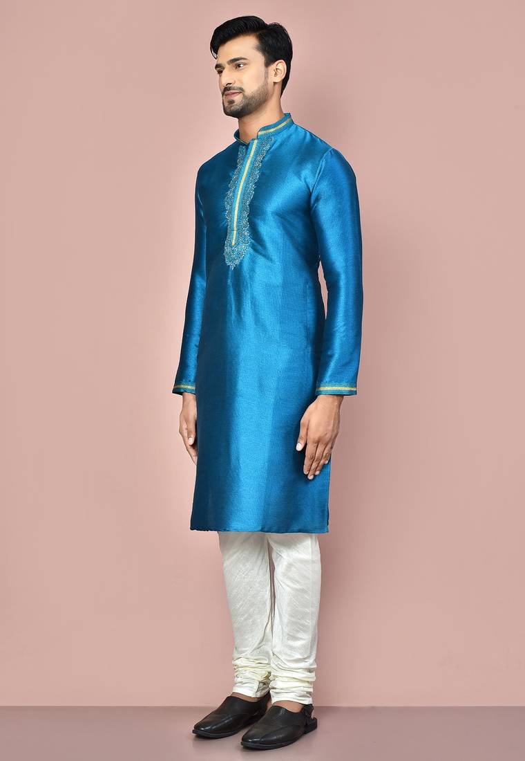 Teal green mulbury  kurta with pattern work&hand work churidar