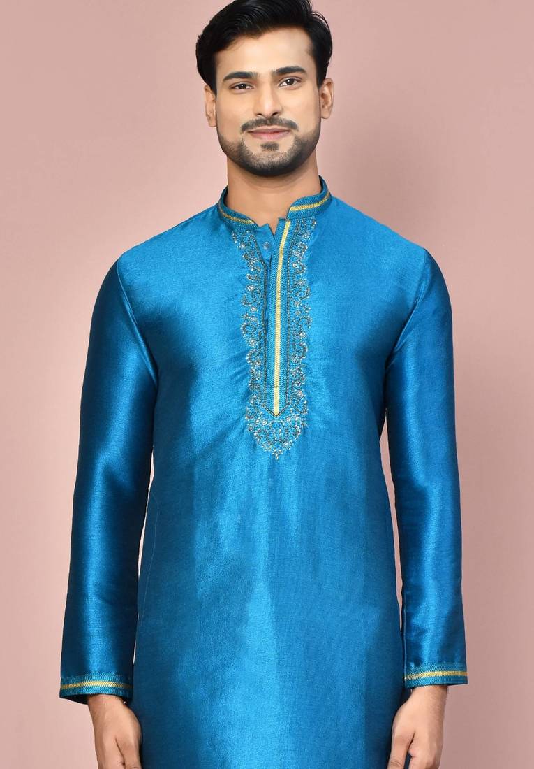 Teal green mulbury  kurta with pattern work&hand work churidar