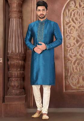 teal blue mulberry silk kurta with pattern work 1