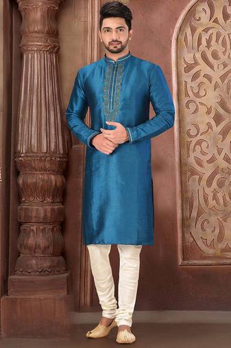 Teal blue mulbury  kurta with pattern work&hand work churidar