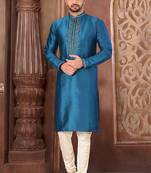 Teal blue mulbury  kurta with pattern work&hand work churidar