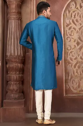 teal blue mulberry silk kurta with pattern work
