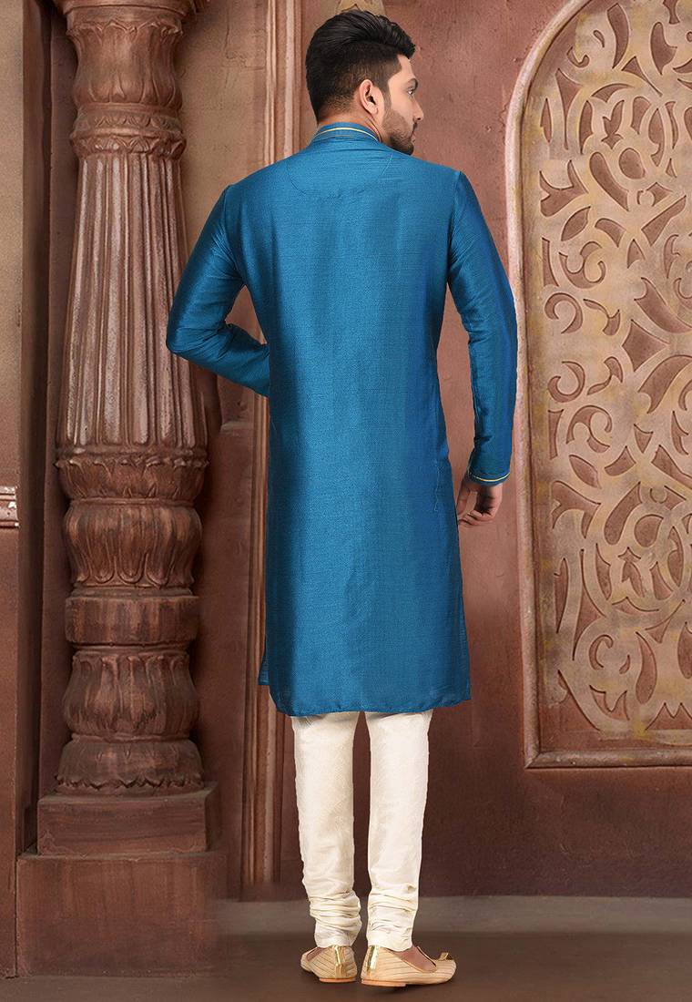 Teal blue mulbury  kurta with pattern work&hand work churidar