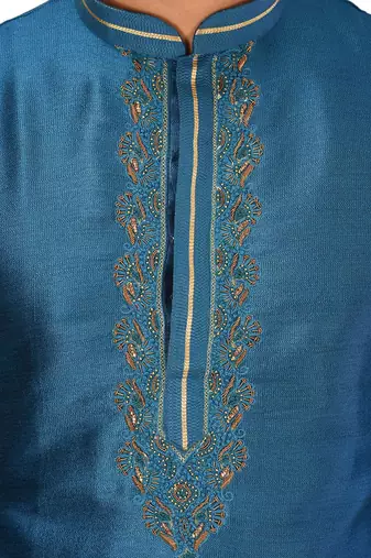 teal blue mulberry silk kurta with pattern work