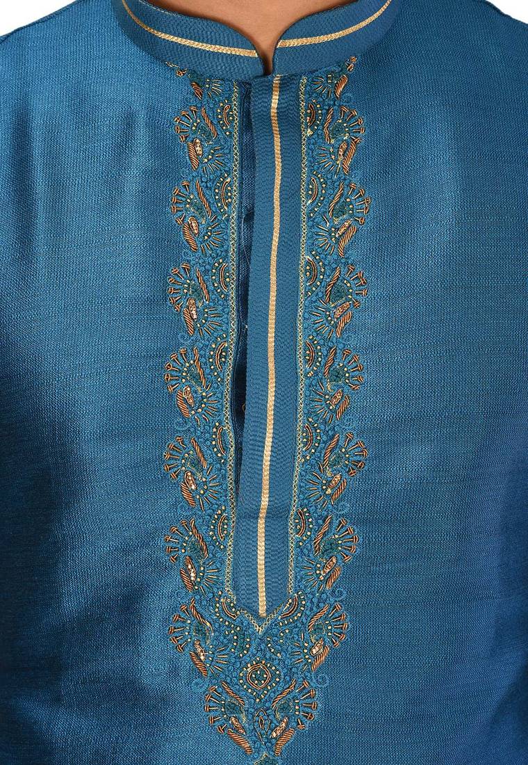 Teal blue mulbury  kurta with pattern work&hand work churidar