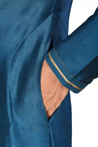 teal blue mulberry silk kurta with pattern work