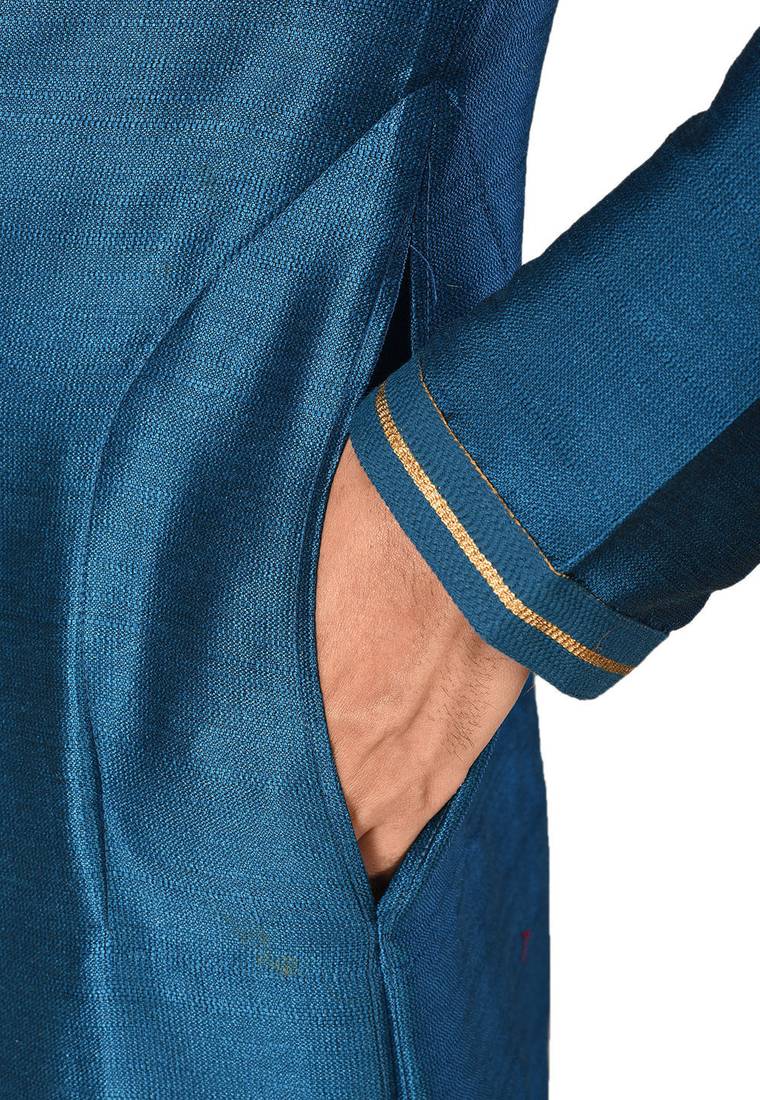 Teal blue mulbury  kurta with pattern work&hand work churidar