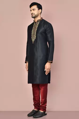 black mulberry silk kurta with hand work churidar