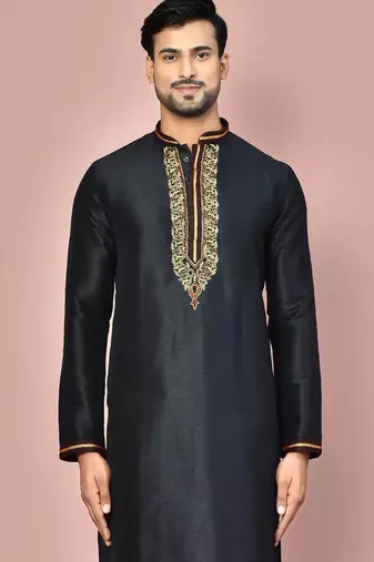black mulberry silk kurta with hand work churidar