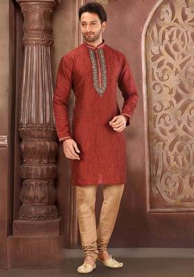 red mulberry silk kurta with designer pattern 1