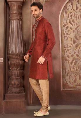 red mulberry silk kurta with designer pattern 2