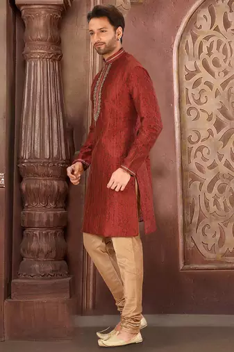 red mulberry silk kurta with designer pattern