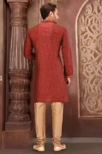 red mulberry silk kurta with designer pattern