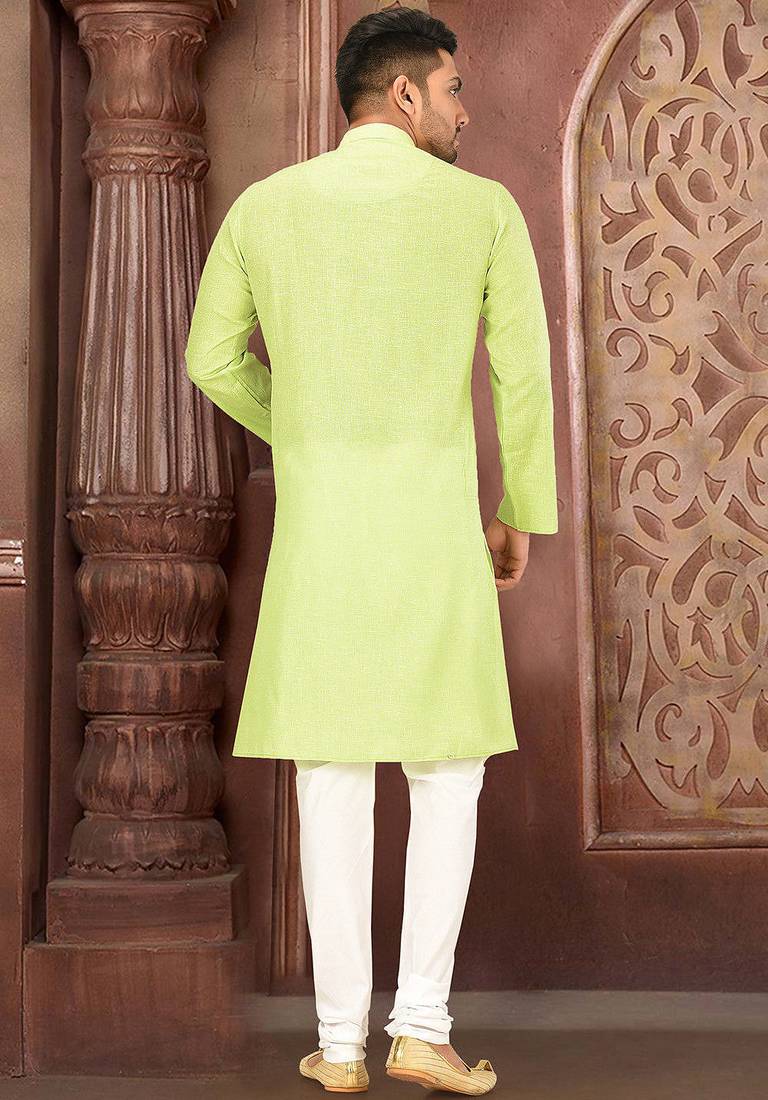 Green cotton  kurta with pattern work&wooden button churidar
