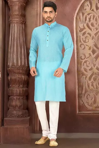 Sky blue cotton  kurta with pattern work&wooden button churidar
