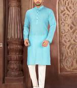 Sky blue cotton  kurta with pattern work&wooden button churidar