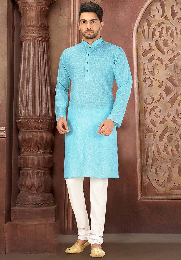 Sky blue cotton  kurta with pattern work&wooden button churidar
