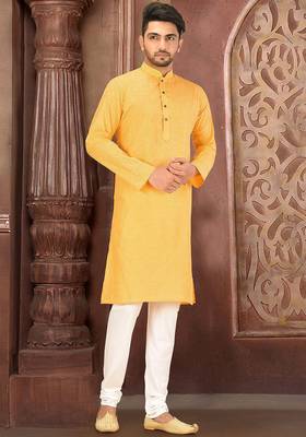 yellow cotton kurta with white churidar set 1