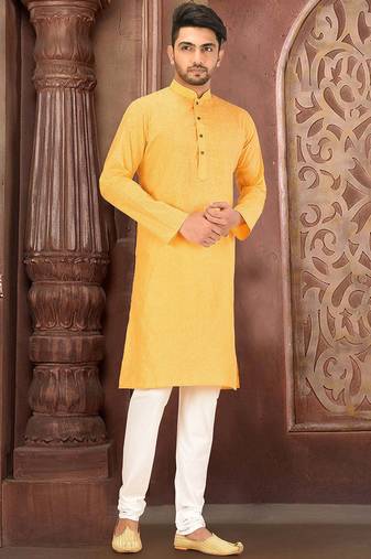 Yellow cotton  kurta with pattern work&wooden button churidar