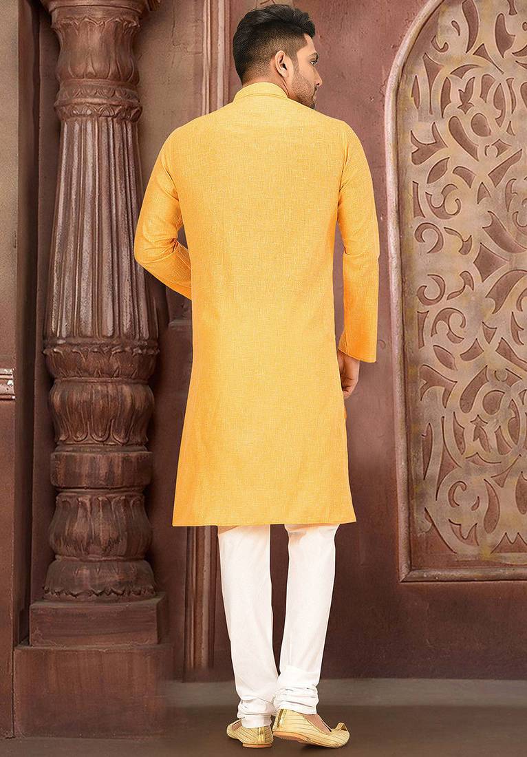 Yellow cotton  kurta with pattern work&wooden button churidar