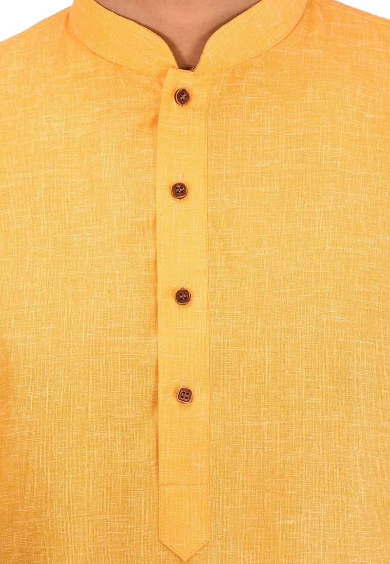 Yellow cotton  kurta with pattern work&wooden button churidar