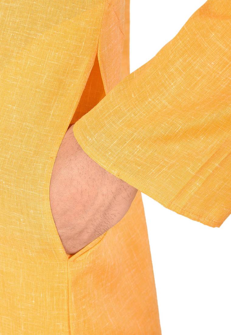 Yellow cotton  kurta with pattern work&wooden button churidar