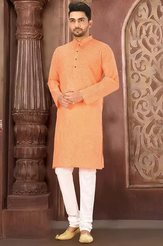 Orange cotton  kurta with pattern work&wooden button churidar