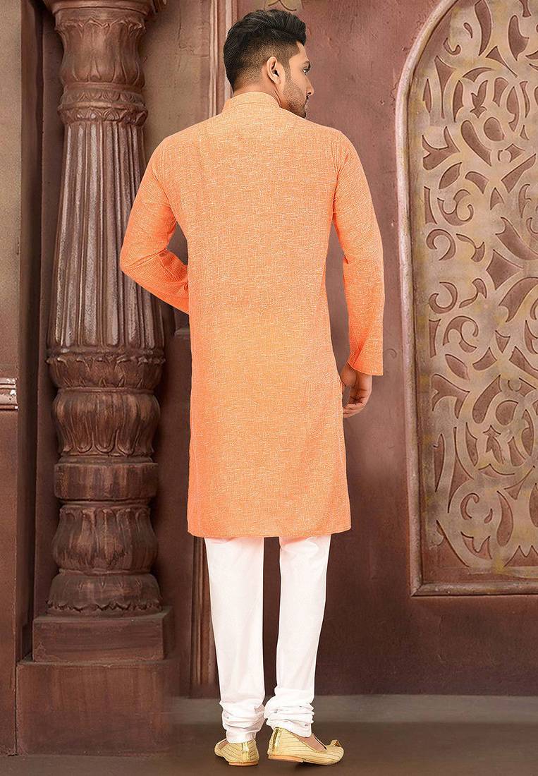 Orange cotton  kurta with pattern work&wooden button churidar
