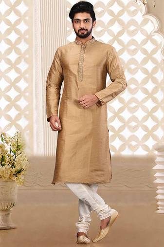 Cream dupion art silk  kurta with hand work on collar and front button line churidar