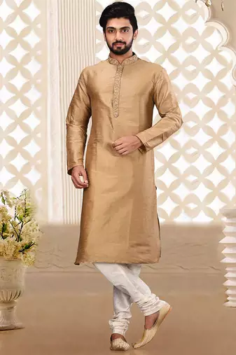 Cream dupion art silk  kurta with hand work on collar and front button line churidar