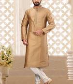 Cream dupion art silk  kurta with hand work on collar and front button line churidar