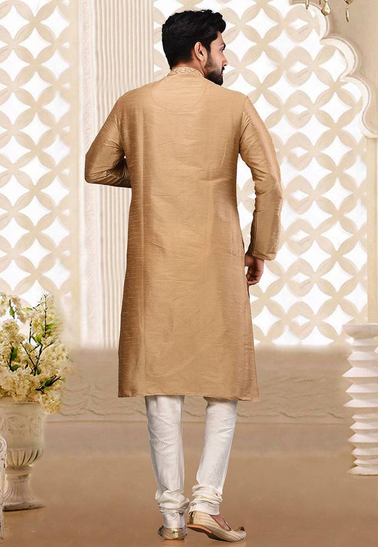 Cream dupion art silk  kurta with hand work on collar and front button line churidar