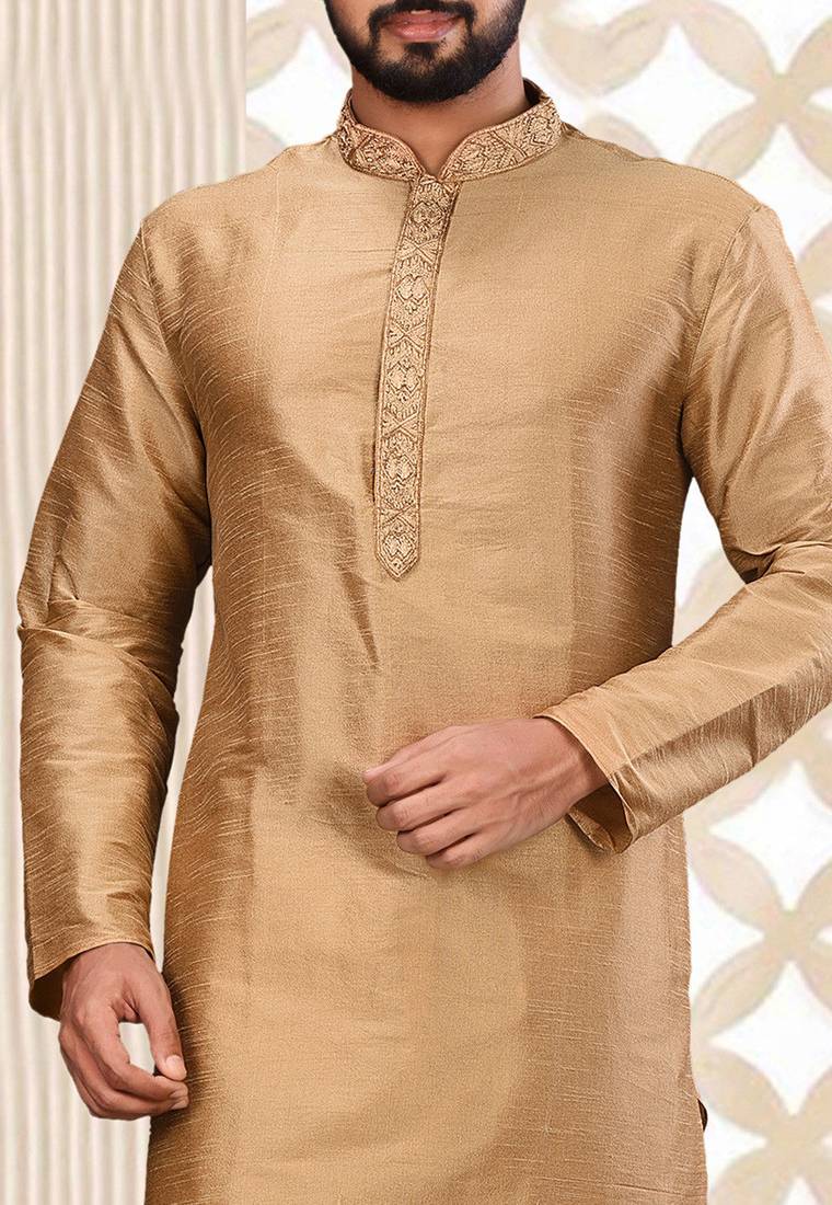 Cream dupion art silk  kurta with hand work on collar and front button line churidar