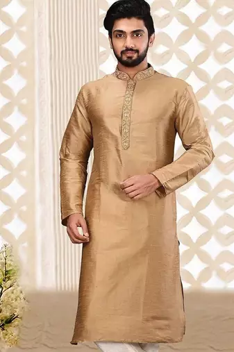 gold art silk kurta with embroidered placket