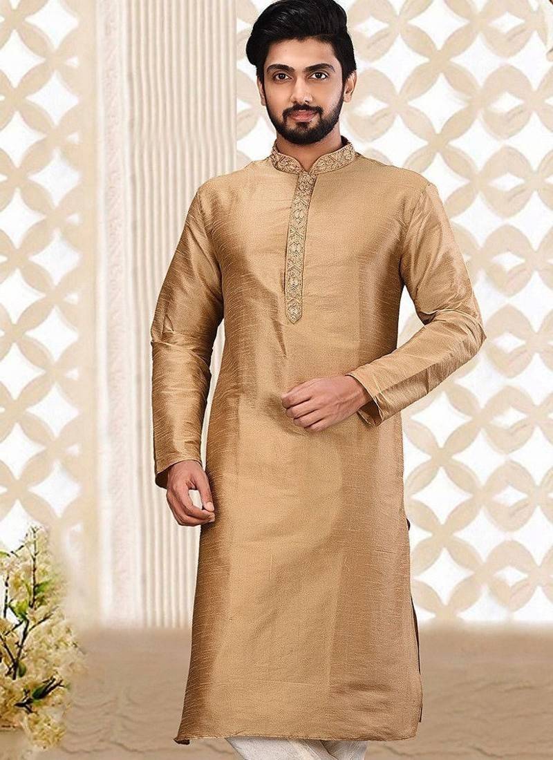 Cream dupion art silk  kurta with hand work on collar and front button line churidar