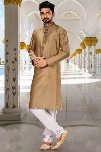 Bottle green dupion art silk  kurta with hand work on collar and front button line churidar