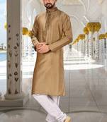 Bottle green dupion art silk  kurta with hand work on collar and front button line churidar
