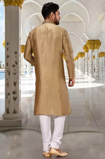 Bottle green dupion art silk  kurta with hand work on collar and front button line churidar