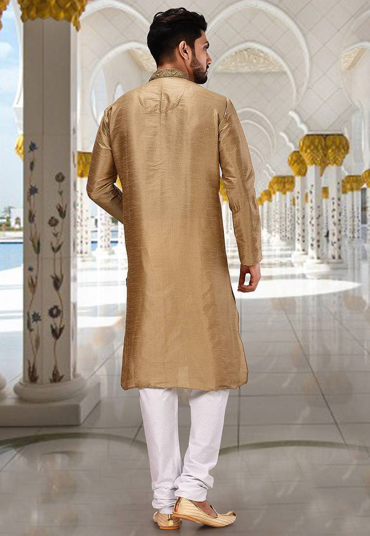 Bottle green dupion art silk  kurta with hand work on collar and front button line churidar
