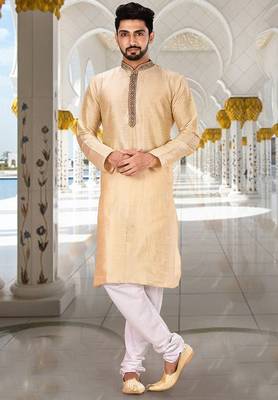 beige art silk kurta with embroidered placket 1