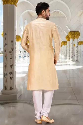beige art silk kurta with embroidered placket