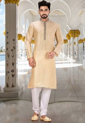 fawn art dupion silk kurta with white churidar set 1