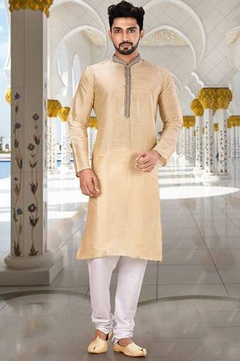 Fawn dupion art silk  kurta with hand work on collar and front button line